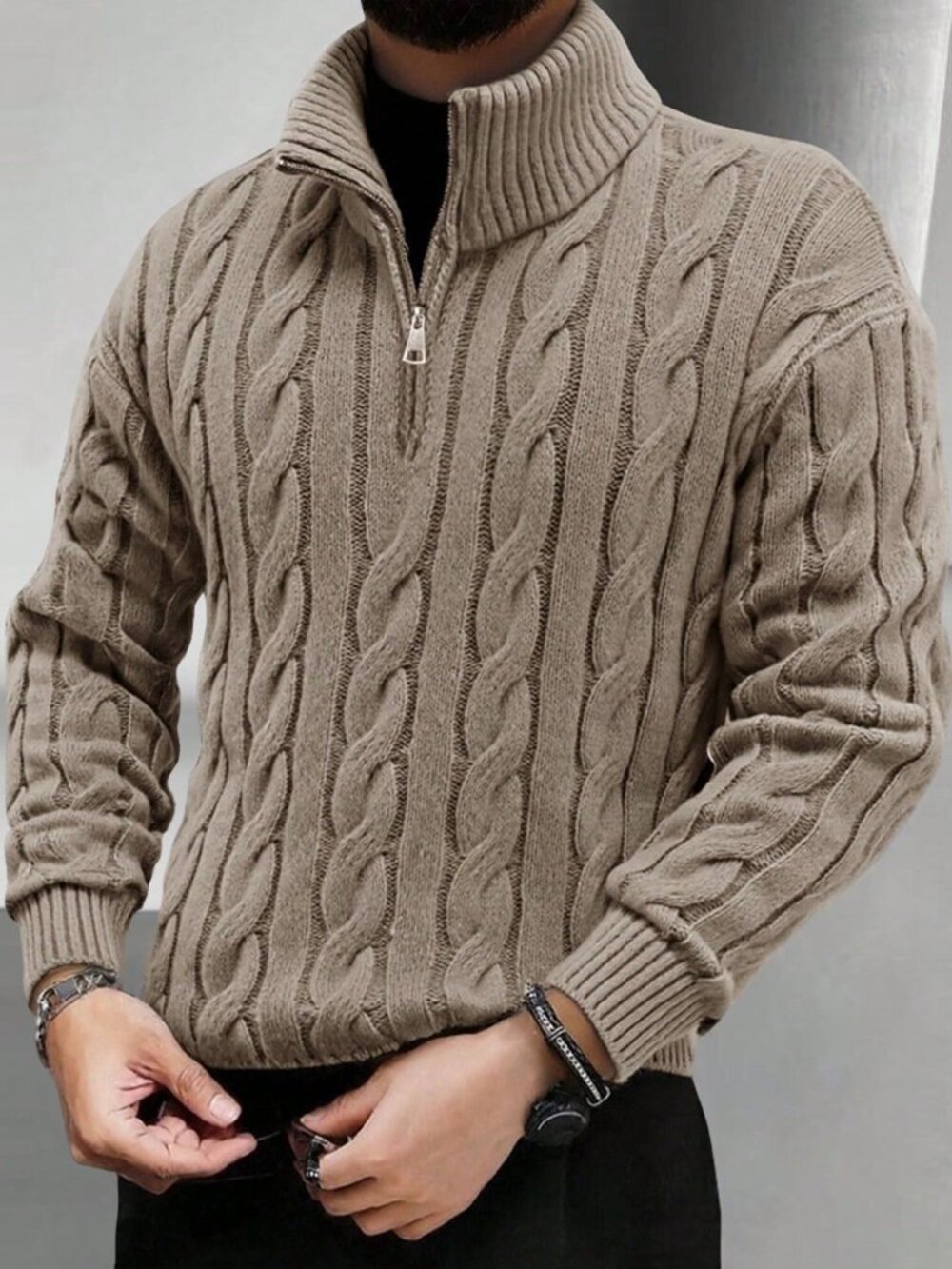 Khaki Casual Men's Half-Zip Knit Polo Sweater